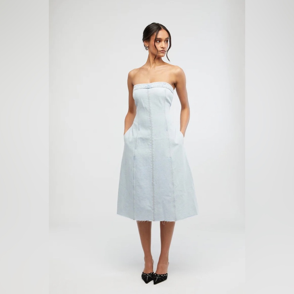 New We Wore What denim strapless midi dress